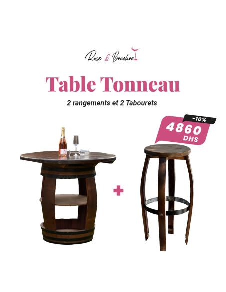Table Tonneau 2 rangements et 2 Tabourets
